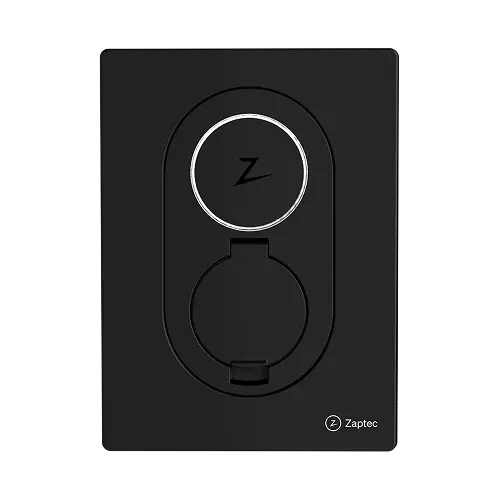 Zaptec Go laddbox svart rak frontvy med cirkulär LED-ring och stängt kabelfack