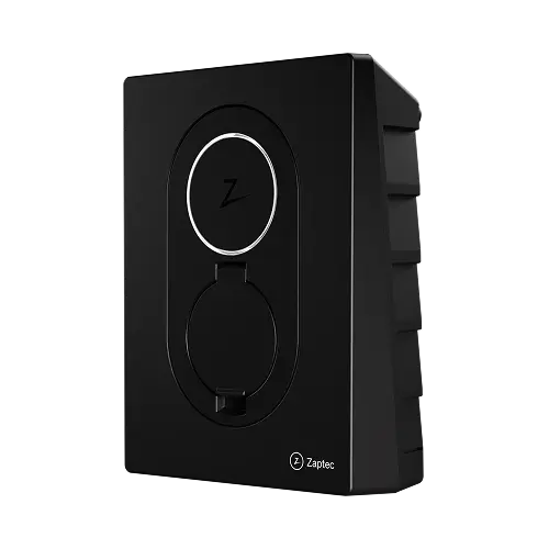 Zaptec Go laddbox svart sned frontvy med cirkulär LED-ring och stängt kabelfack