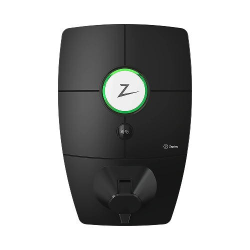 Zaptec Pro laddbox svart rak frontvy med cirkulär LED-ring och stängt kabelfack