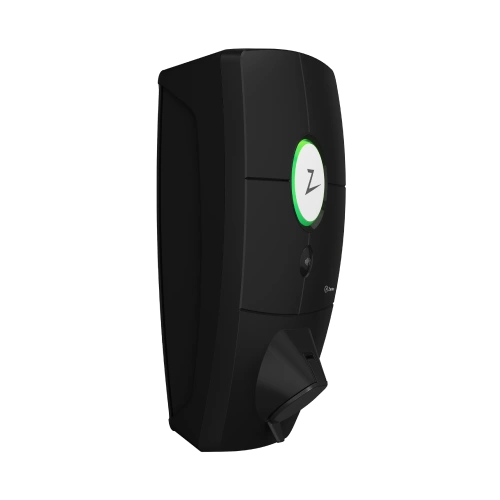 Zaptec Pro laddbox svart sned frontvy med cirkulär LED-ring och stängt kabelfack