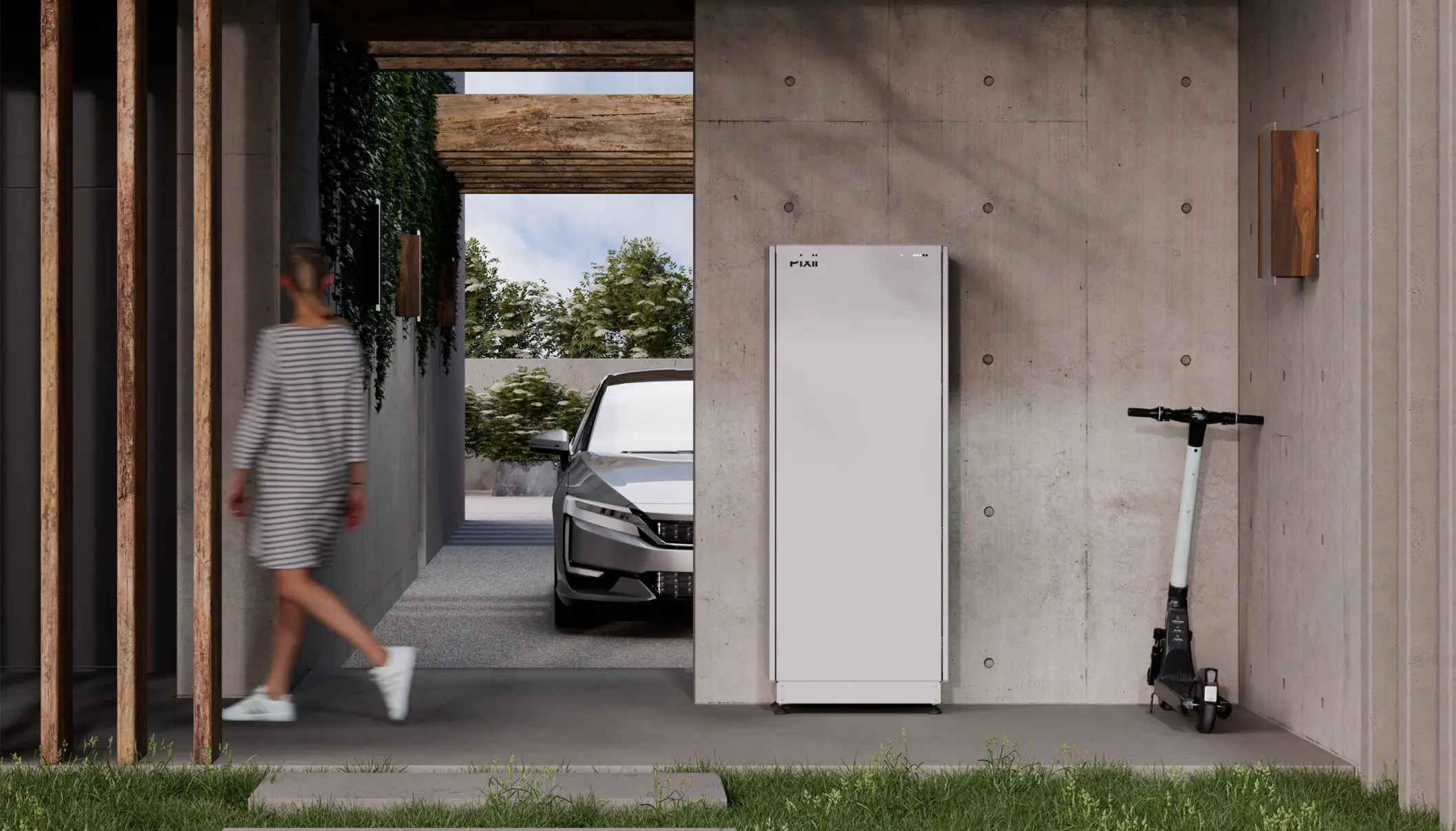 Pixii Home energilagringsbatteri i hemmiljö med elbil och elsparkcykel