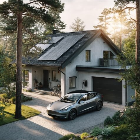 Modern villa med solpaneler på taket, elbilsladdare monterad på fasaden och en parkerad Tesla Model 3 på uppfarten, omgiven av svensk skog i morgonljus