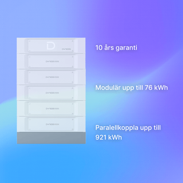 dyness stack 100, modulär upp till 76,8 kwh, 10 års produktgaranti och paralellkoppla upp till 921 kwh