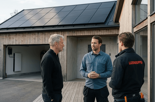 laddgruppen konverserar med kund utanför garage med solceller och villabatteri